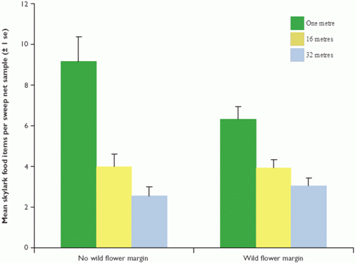 Mean skylark food items per sweep net (back transformed data) sampled at 1m, 16m and 32m from the crop edge